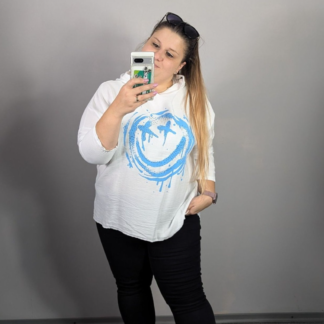 BLUZKA Z KAPTUREM BUŹKA - BIAŁY Z NIEBIESKIM